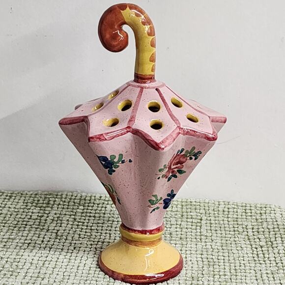Vintage Italian Umbrella Flower Frog Pink Majolica Hand Painted Italy 5656 - Picture 4 of 7